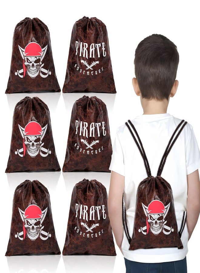 RICHNESS Pirate Drawstring Backpack - 10x12 Inches Medieval Faux Leather Skull Loot Bags for Pirate Adventure Party Favor Pack of 6 - Image 2